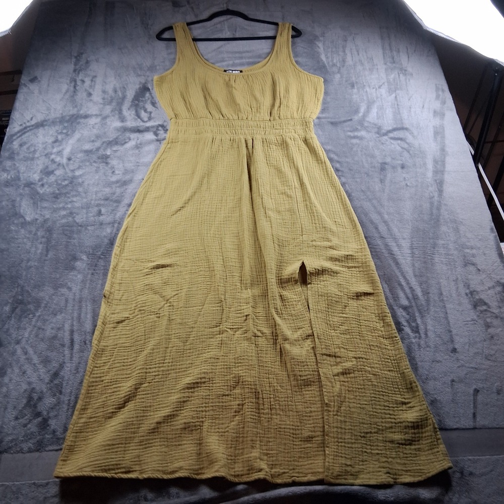 Steve Madden Maxi Dress Womens Large Olive Green Gauze Smocked Waist Side Slit - Picture 3 of 9